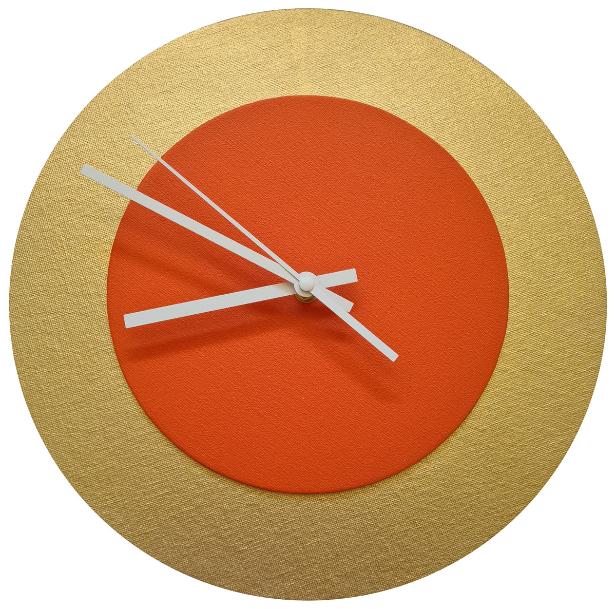 Pop Art Wanduhr Gold  Orangefarben mit weißen Zeigern 30 cm rund