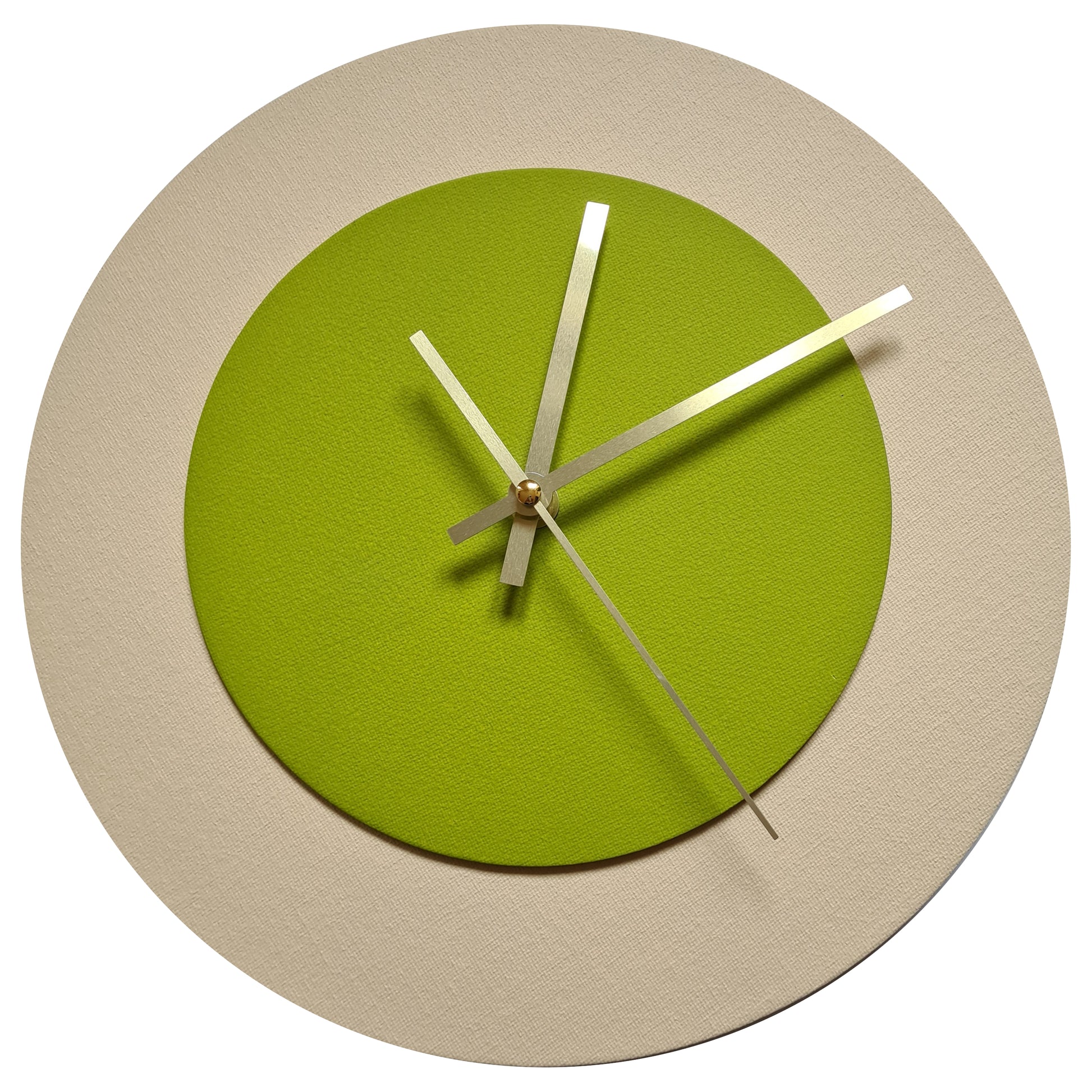 Pop Art Wanduhr Creme Olivgrün mit goldenen Zeigern 30 cm rund