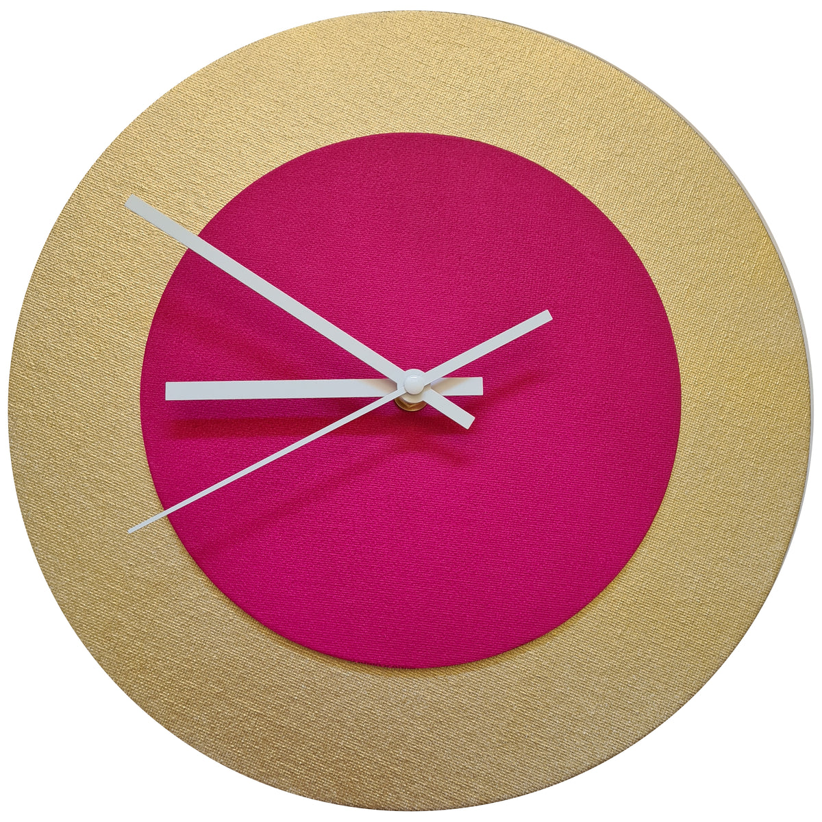 Pop Art Wanduhr Gold  Magentafarben mit weißen Zeigern 30 cm rund