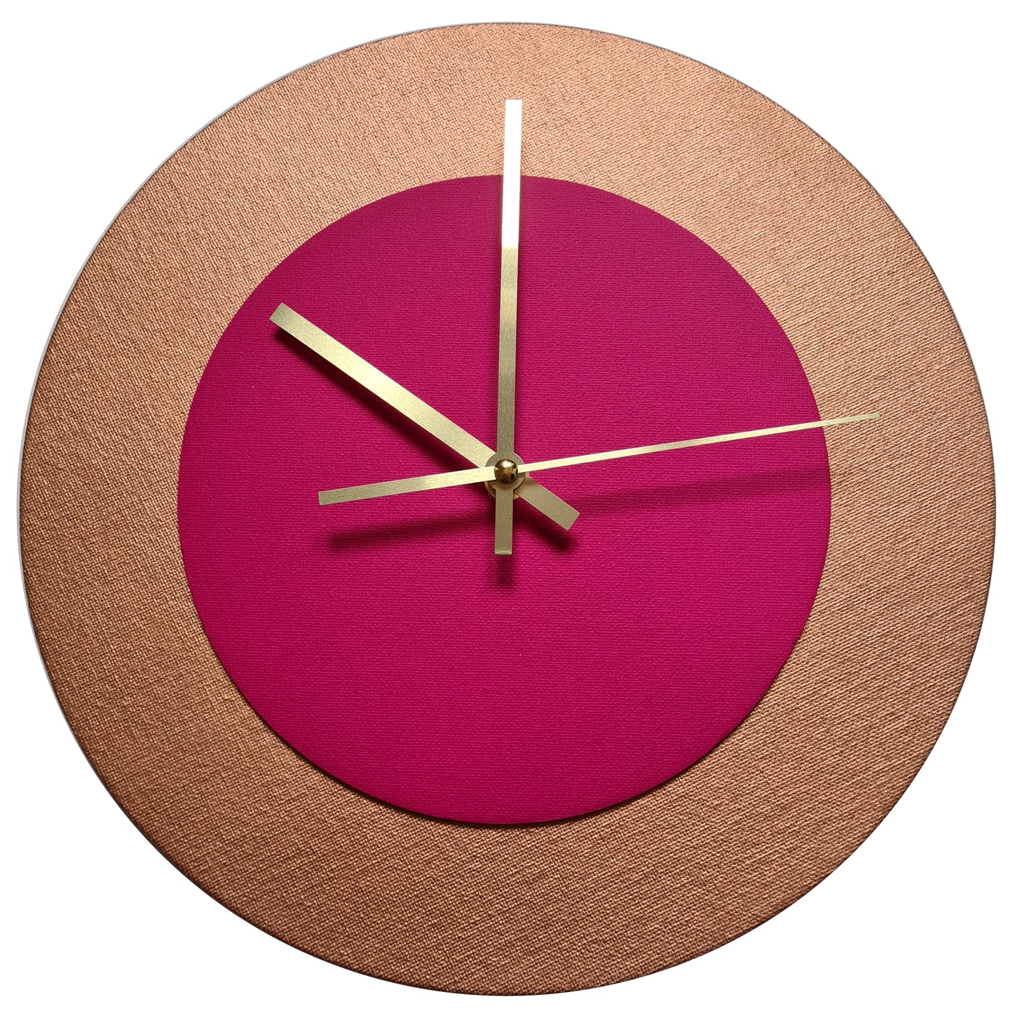 Pop Art Wanduhr Bronze  Magentafarben mit goldenen Zeigern 30 cm rund