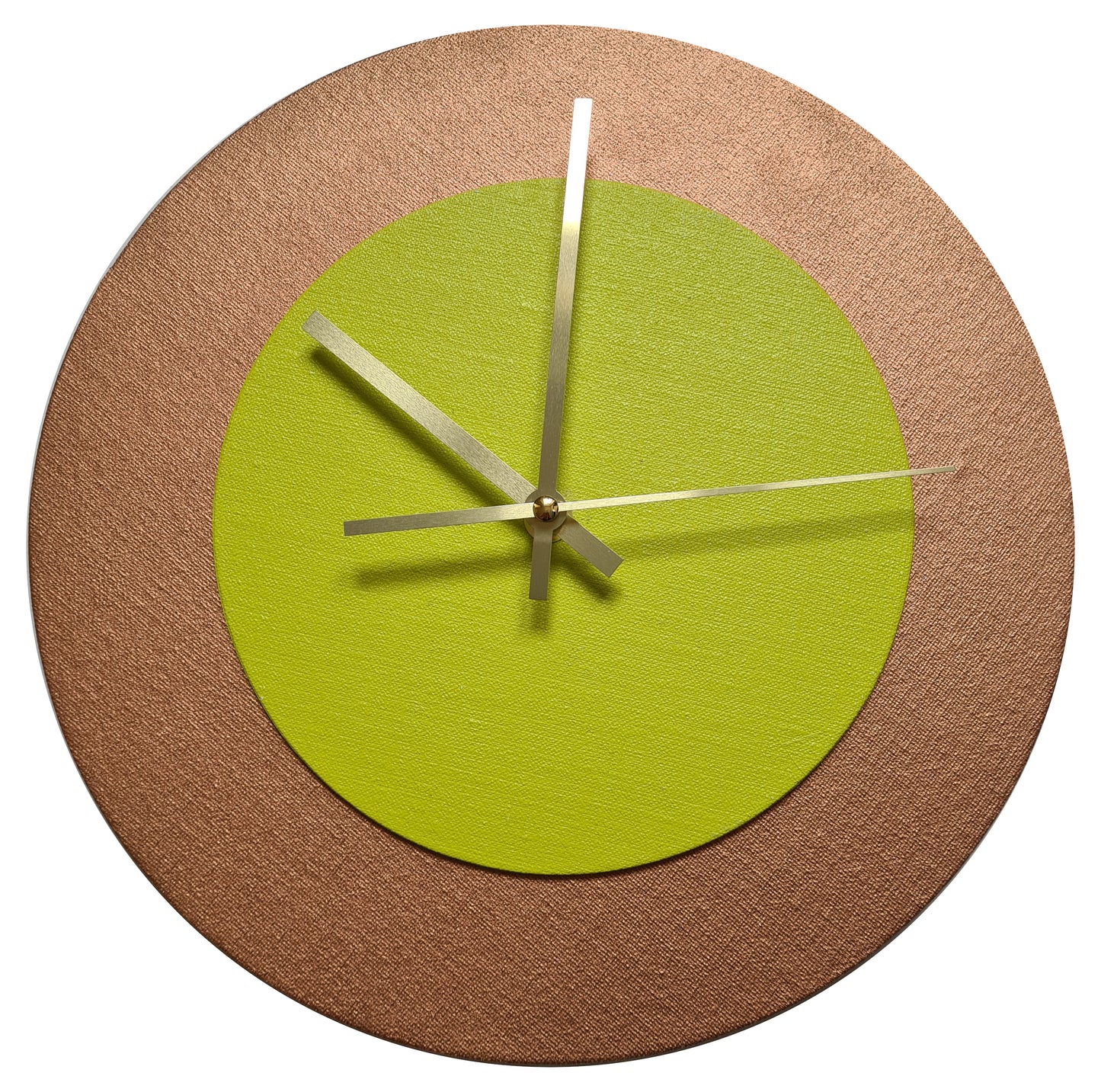Pop Art Wanduhr Bronze  Farngrün mit goldenen Zeigern 30 cm rund
