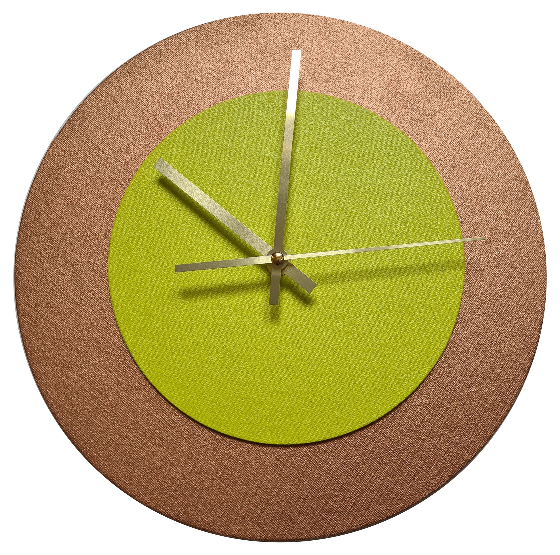 Pop Art Wanduhr Bronze  Farngrün mit goldenen Zeigern 30 cm rund