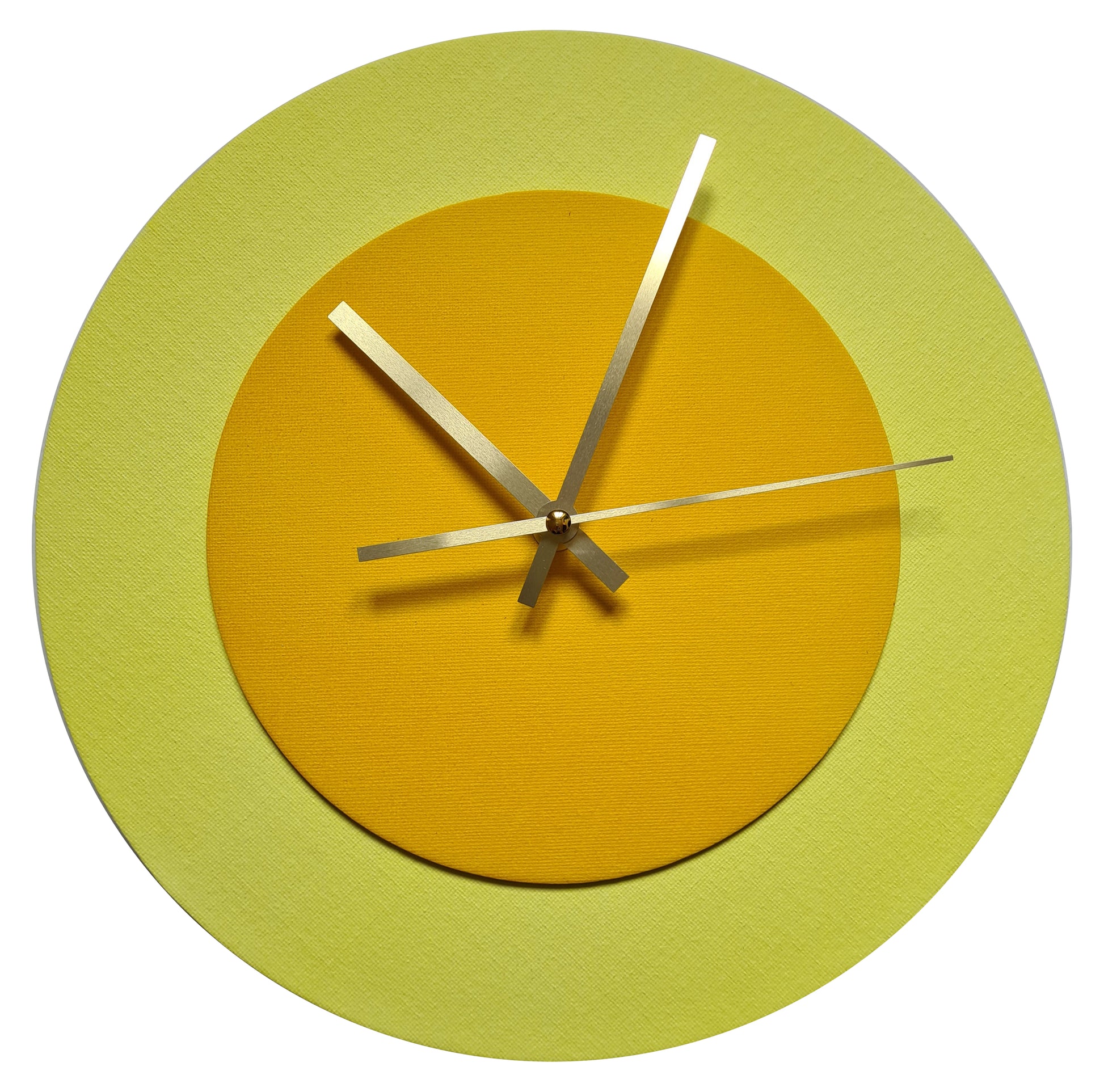 Pop Art Wanduhr Hellgelb  Sonnengelb mit goldenen Zeigern 30 cm rund