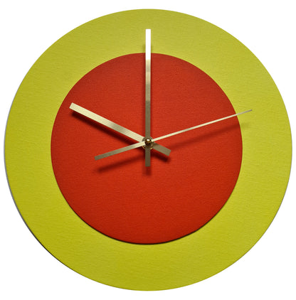 Pop Art Wanduhr Hellgelb  Orangefarben mit goldenen Zeigern 30 cm rund