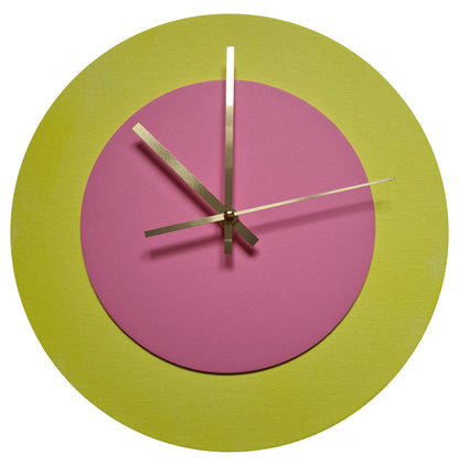 Pop Art Wanduhr Hellgelb  Rosafarben mit goldenen Zeigern 30 cm rund