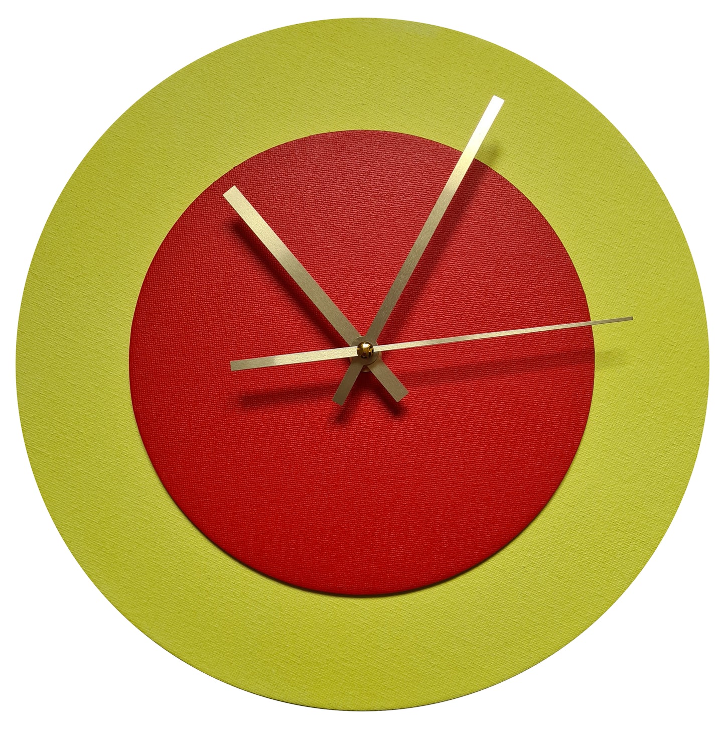 Pop Art Wanduhr Hellgelb  Hellrot mit goldenen Zeigern 30 cm rund