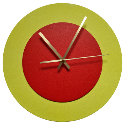 Pop Art Wanduhr Hellgelb  Hellrot mit goldenen Zeigern 30 cm rund