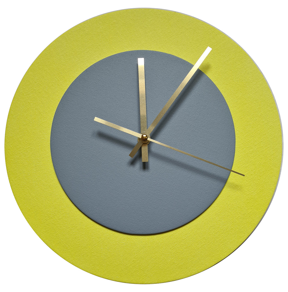 Pop Art Wanduhr Hellgelb  Grau mit goldenen Zeigern 30 cm rund