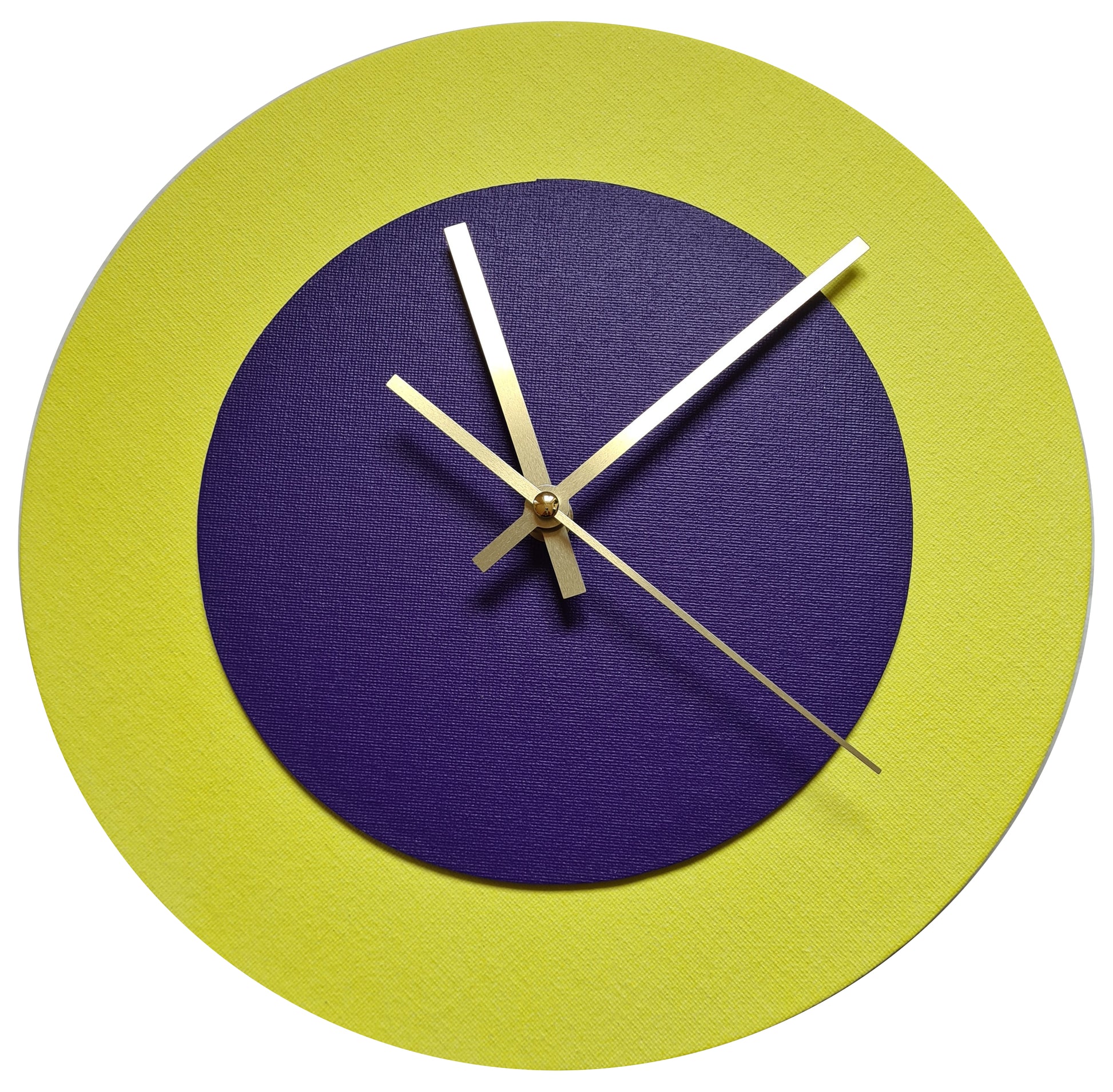 Pop Art Wanduhr Hellgelb  Lilafarben mit goldenen Zeigern 30 cm rund