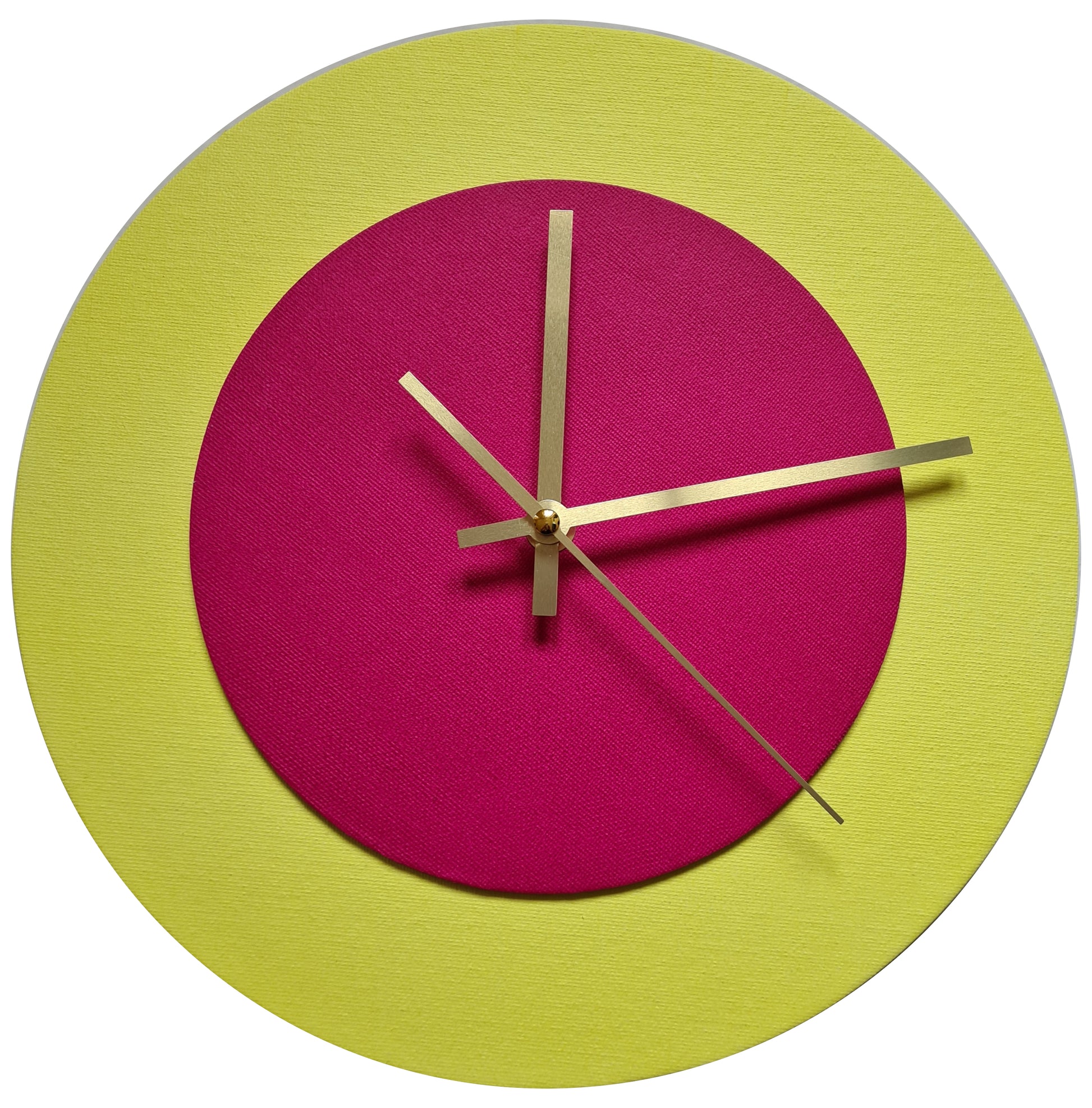 Pop Art Wanduhr Hellgelb  Magentafarben mit goldenen Zeigern 30 cm rund
