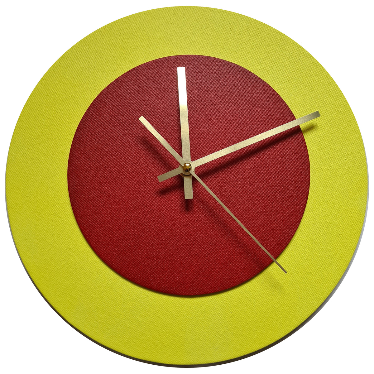 Pop Art Wanduhr Hellgelb  Dunkelrot mit goldenen Zeigern 30 cm rund