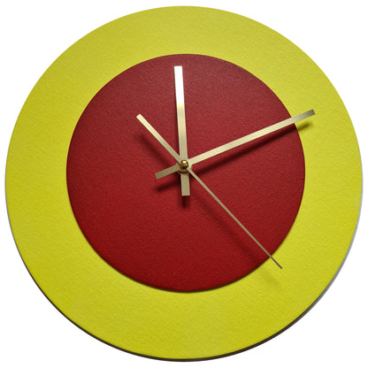 Pop Art Wanduhr Hellgelb  Dunkelrot mit goldenen Zeigern 30 cm rund