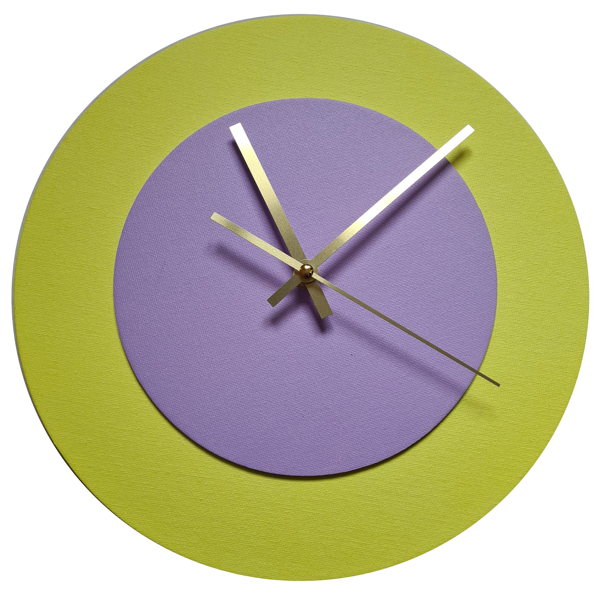 Pop Art Wanduhr Hellgelb  Fliederfarben mit goldenen Zeigern 30 cm rund