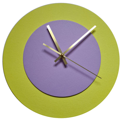 Pop Art Wanduhr Hellgelb  Fliederfarben mit goldenen Zeigern 30 cm rund