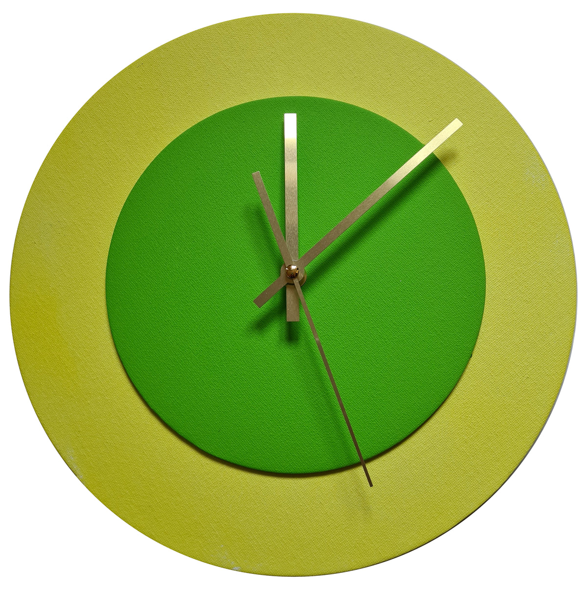Pop Art Wanduhr Hellgelb  Hellgrün mit goldenen Zeigern 30 cm rund