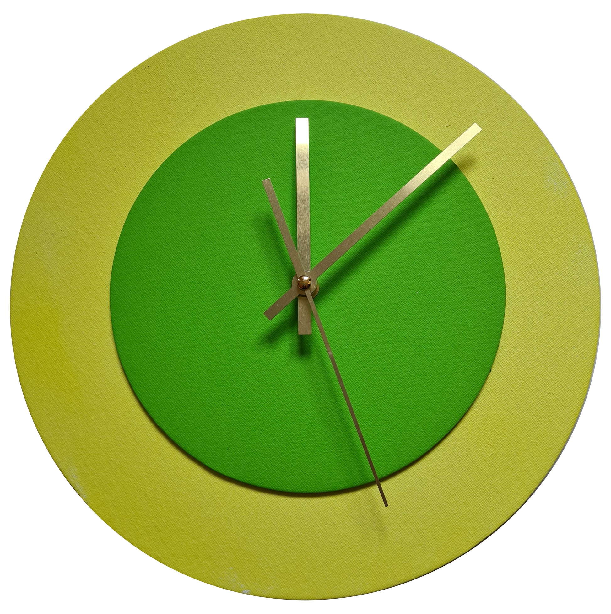 Pop Art Wanduhr Hellgelb  Hellgrün mit goldenen Zeigern 30 cm rund