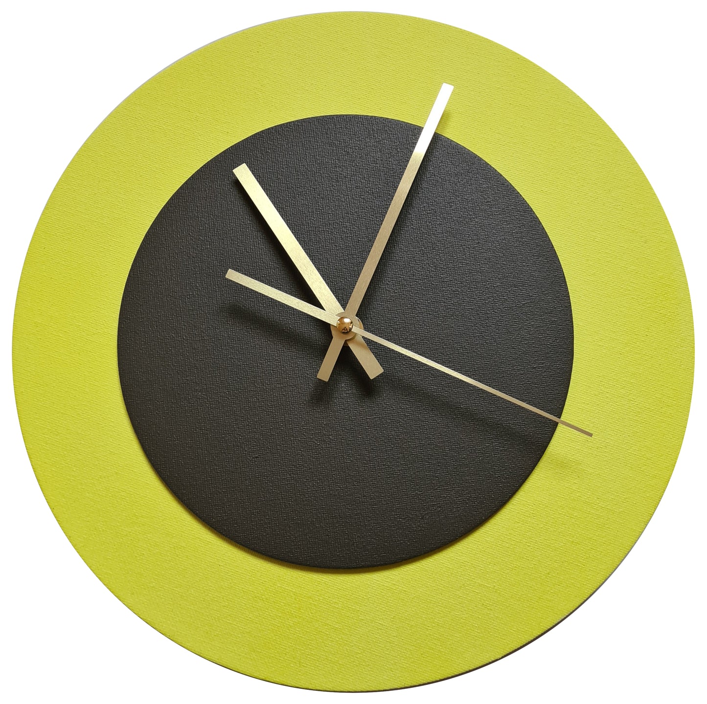 Pop Art Wanduhr Hellgelb  Dunkelbraun mit goldenen Zeigern 30 cm rund
