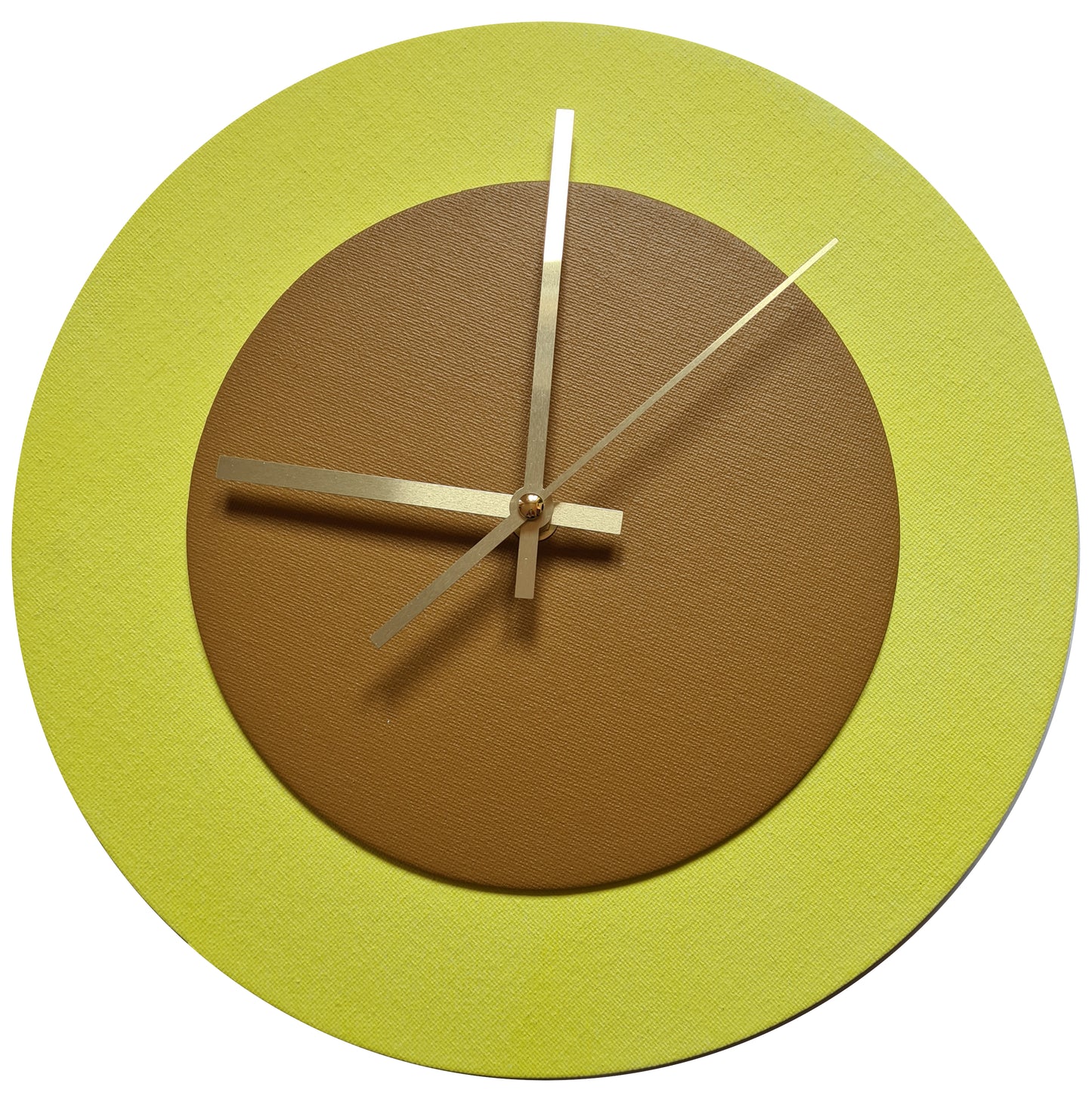 Pop Art Wanduhr Hellgelb  Hellbraun mit goldenen Zeigern 30 cm rund