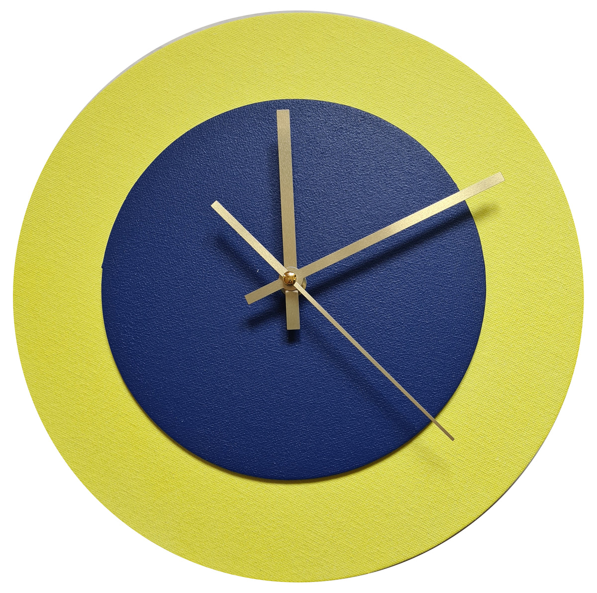 Pop Art Wanduhr Hellgelb  Dunkelblau mit goldenen Zeigern 30 cm rund