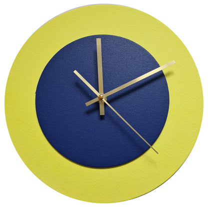 Pop Art Wanduhr Hellgelb  Dunkelblau mit goldenen Zeigern 30 cm rund