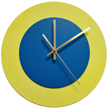 Pop Art Wanduhr Hellgelb  Mittelblau mit goldenen Zeigern 30 cm rund
