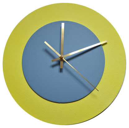 Pop Art Wanduhr Hellgelb Hellblau  mit goldenen Zeigern 30 cm rund