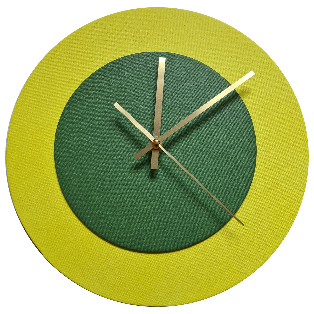 Pop Art Wanduhr Hellgelb  Laubgrün mit goldenen Zeigern 30 cm rund