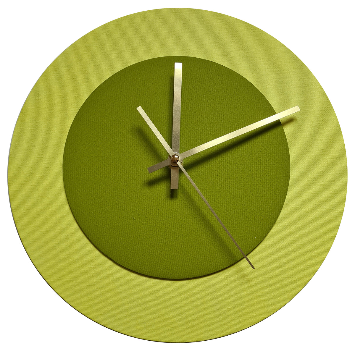 Pop Art Wanduhr Hellgelb  Olivgrün mit goldenen Zeigern 30 cm rund
