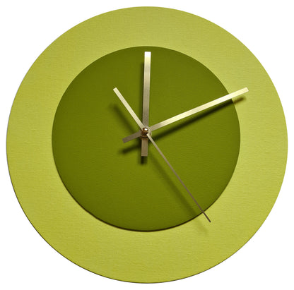 Pop Art Wanduhr Hellgelb  Olivgrün mit goldenen Zeigern 30 cm rund