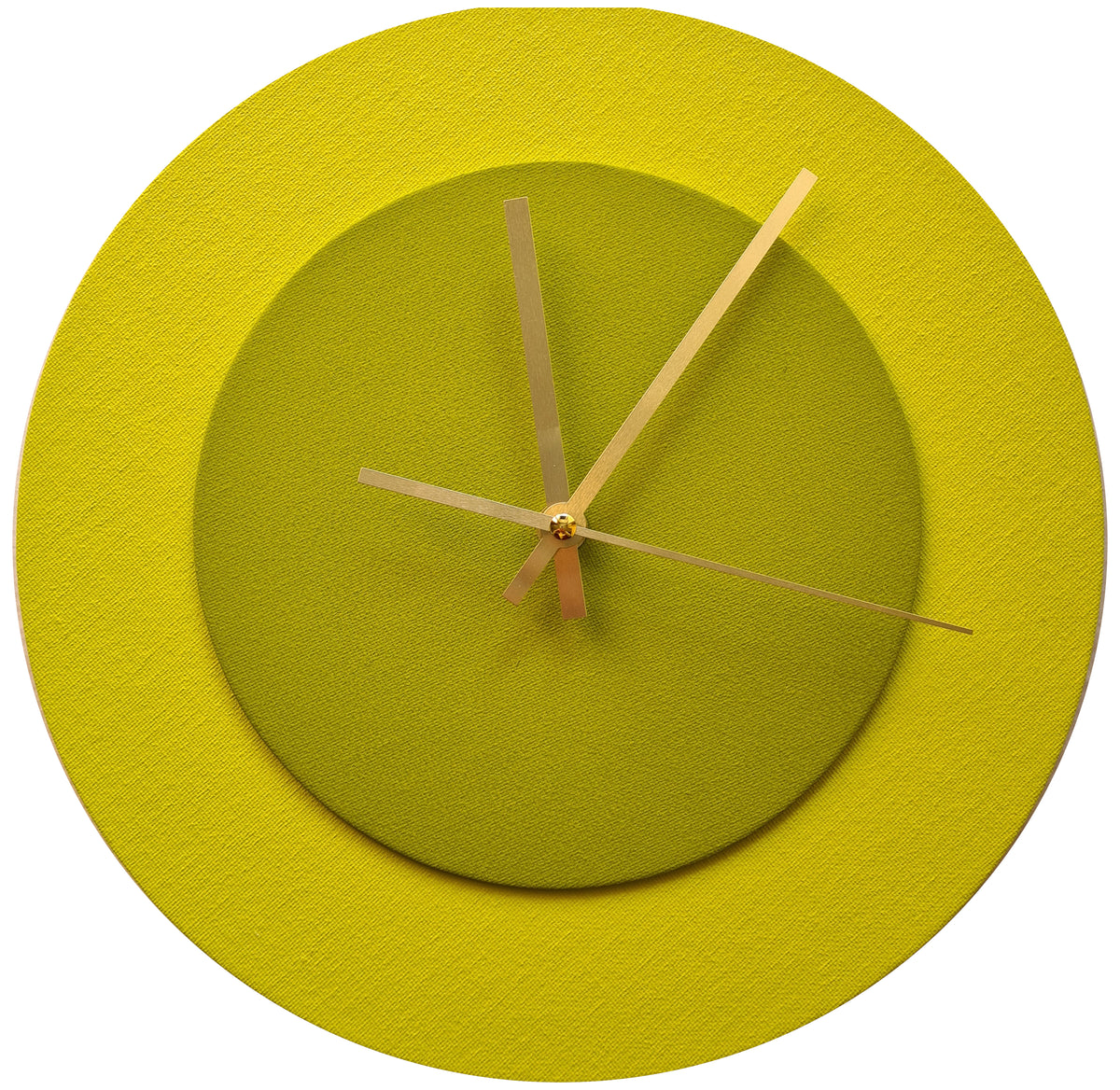 Pop Art Wanduhr Hellgelb  Farngrün mit goldenen Zeigern 30 cm rund