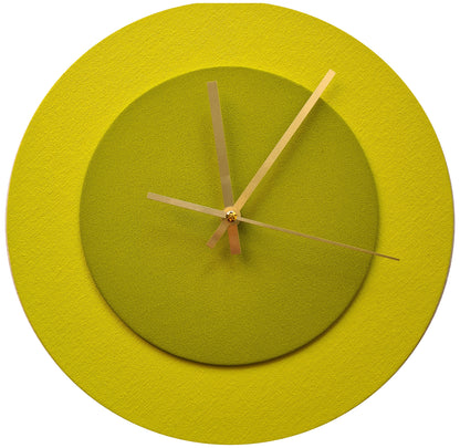 Pop Art Wanduhr Hellgelb  Farngrün mit goldenen Zeigern 30 cm rund