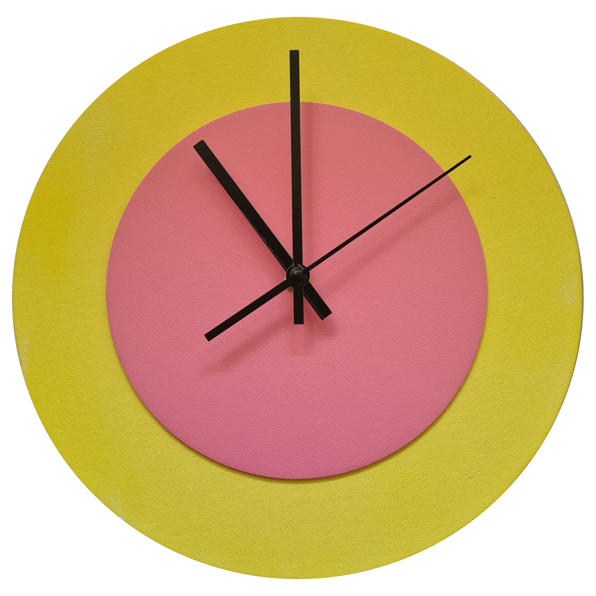 Pop Art Wanduhr Hellgelb  Rosafarben mit schwarzen Zeigern 30 cm rund