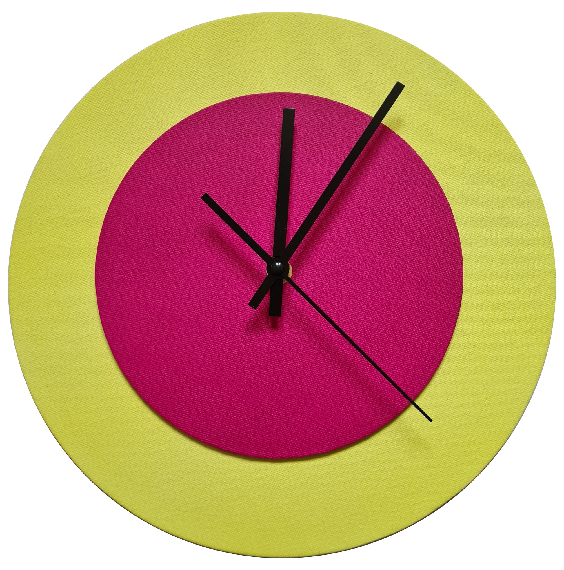 Pop Art Wanduhr Hellgelb  Magentafarben mit schwarzen Zeigern 30 cm rund