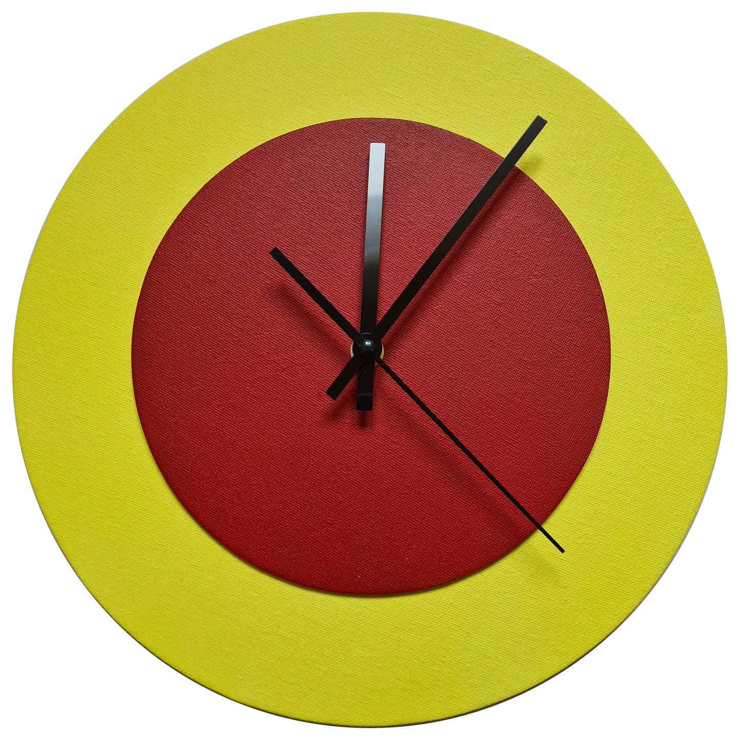 Pop Art Wanduhr Hellgelb  Dunkelrot mit  schwarzen Zeigern 30 cm rund