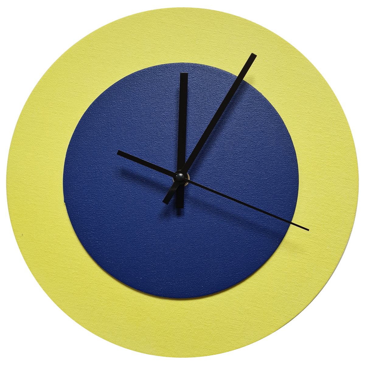 Pop Art Wanduhr Hellgelb  Dunkelblau mit schwarzen Zeigern 30 cm rund