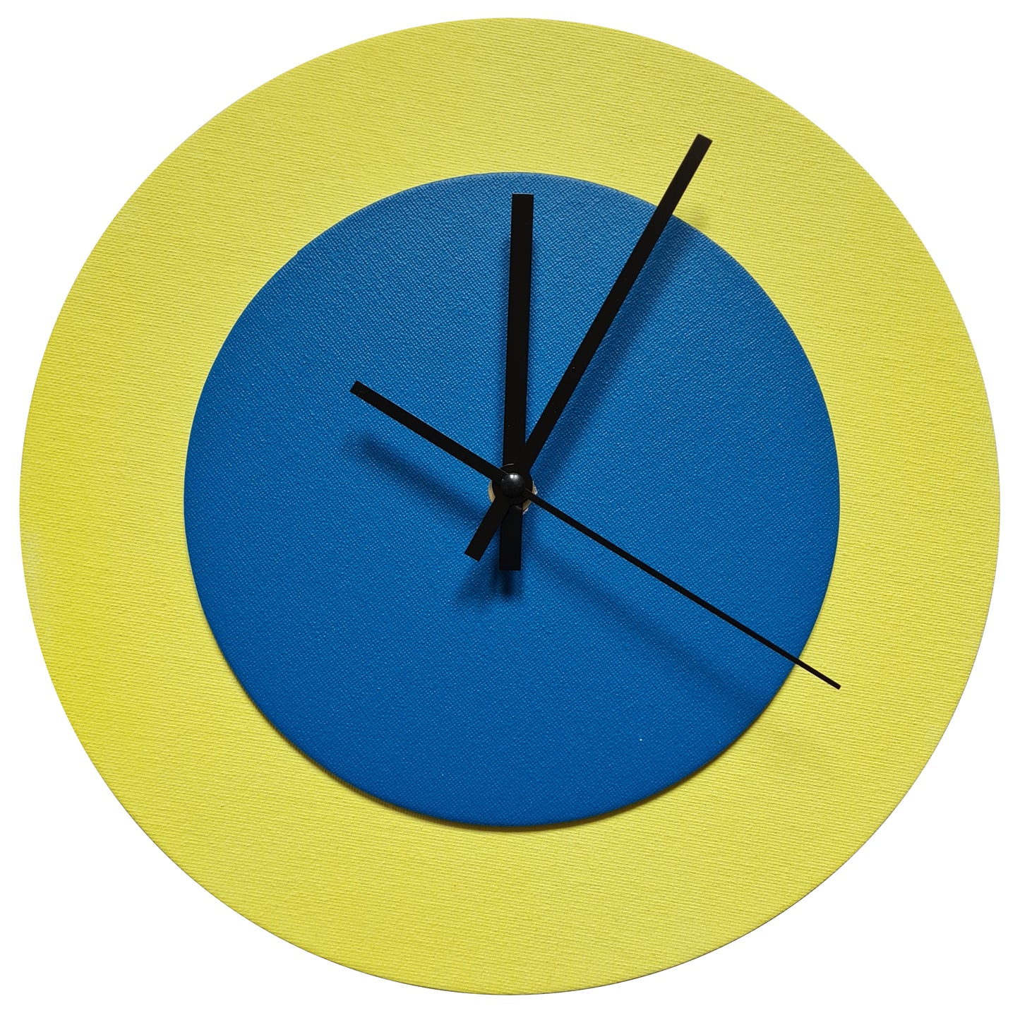 Pop Art Wanduhr Hellgelb  Mittelblau mit schwarzen Zeigern 30 cm rund