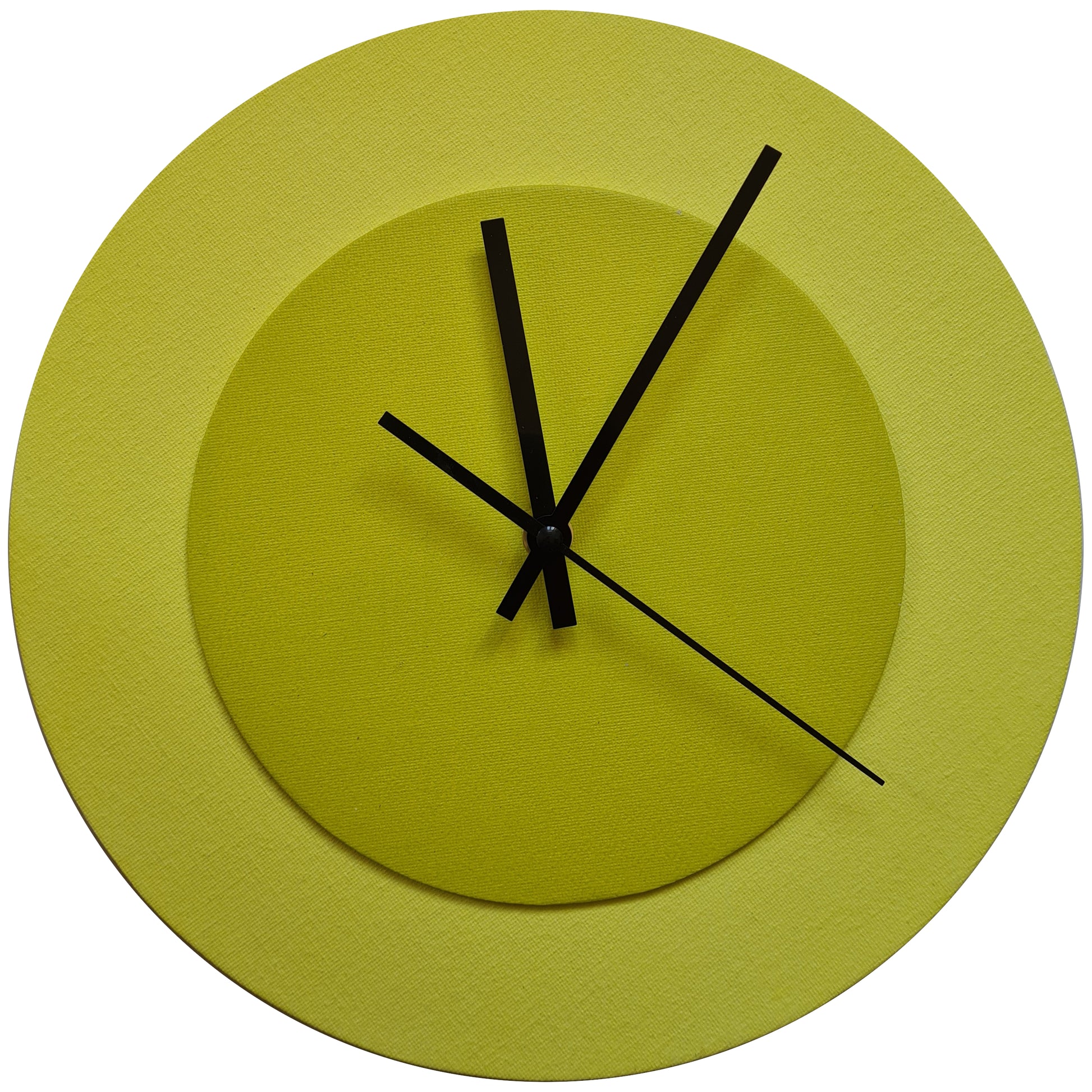Pop Art Wanduhr Hellgelb  Farngrün mit schwarzen Zeigern 30 cm rund