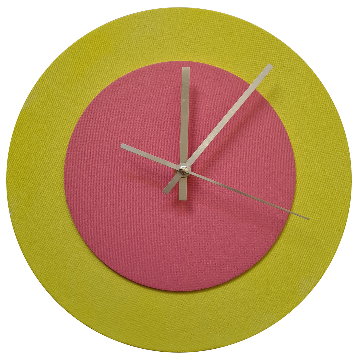 Pop Art Wanduhr Hellgelb  Rosafarben mit silbernen Zeigern 30 cm rund