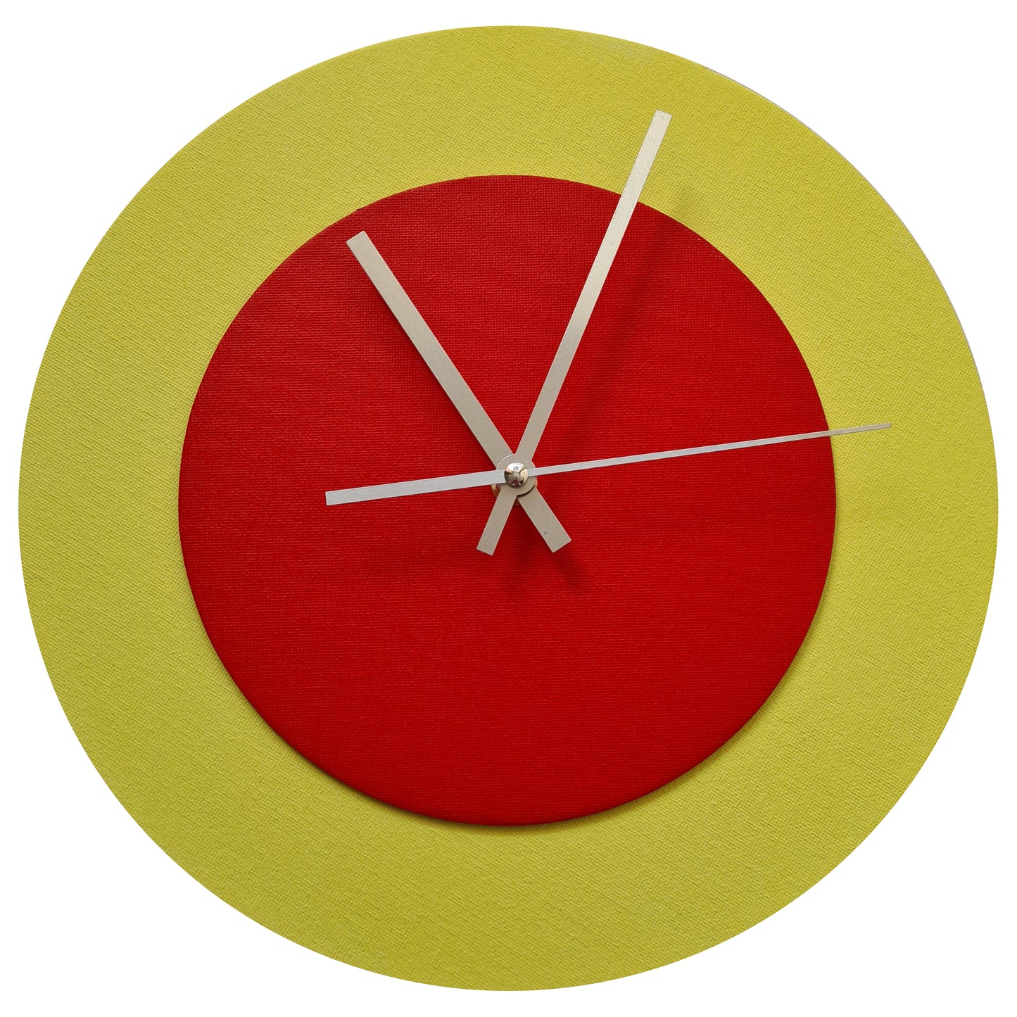 Pop Art Wanduhr Hellgelb  Hellrot mit silbernen Zeigern 30 cm rund