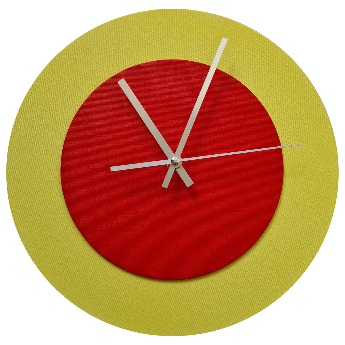 Pop Art Wanduhr Hellgelb  Hellrot mit silbernen Zeigern 30 cm rund