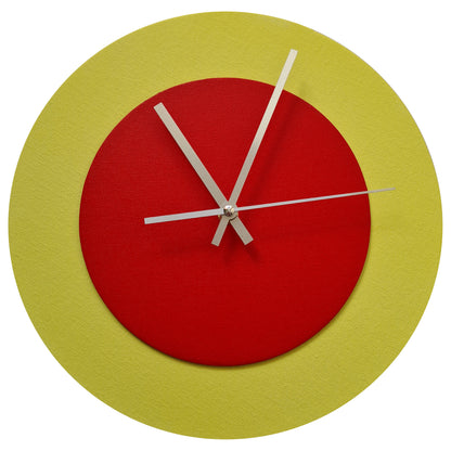 Pop Art Wanduhr Hellgelb  Hellrot mit silbernen Zeigern 30 cm rund