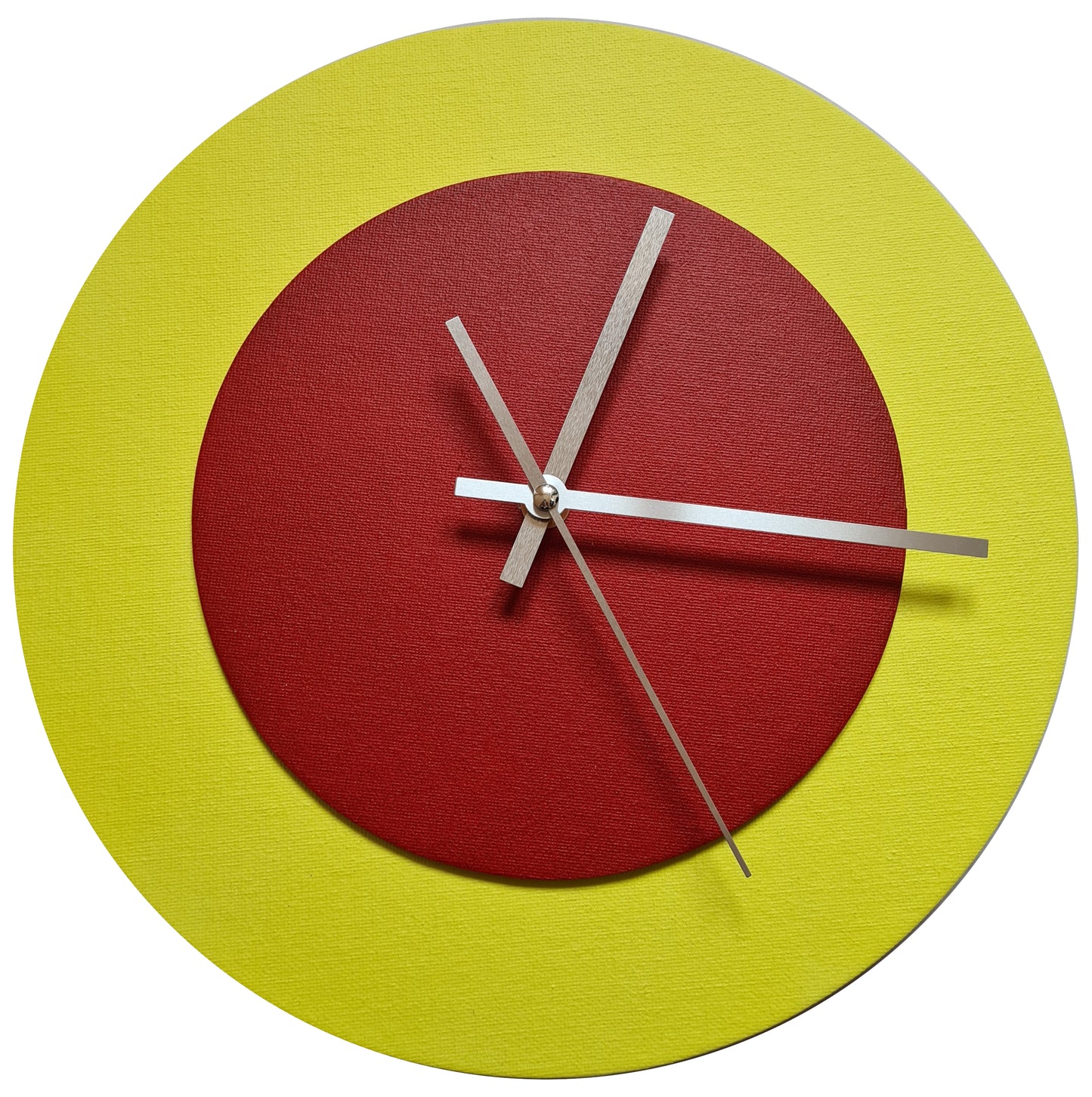 Pop Art Wanduhr Hellgelb  Dunkelrot mit  silbernen Zeigern 30 cm rund