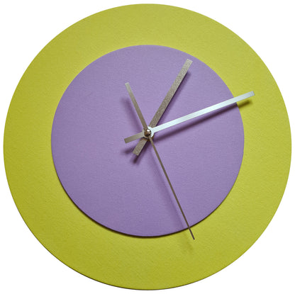 Pop Art Wanduhr Hellgelb  Fliederfarben mit silbernen Zeigern 30 cm rund