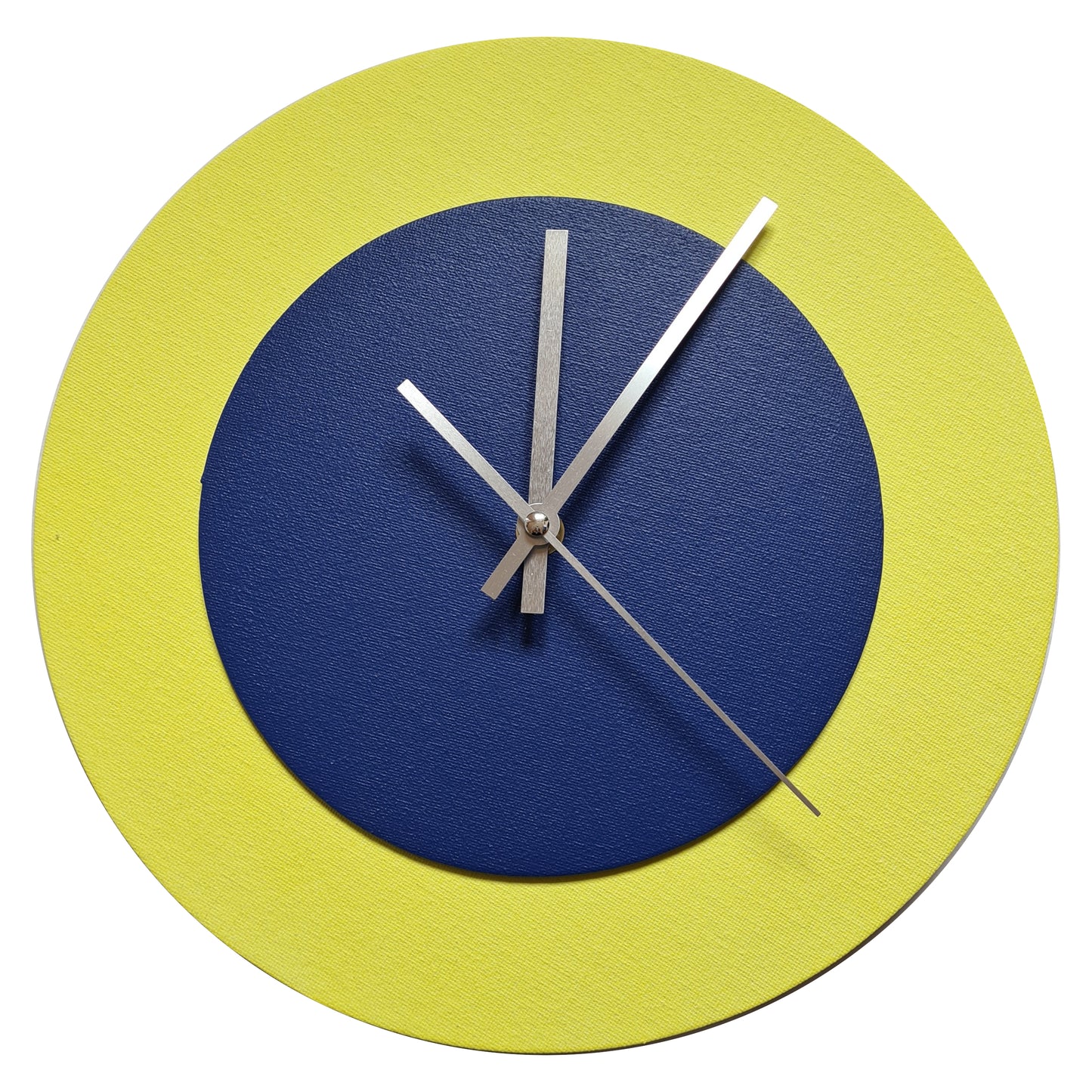 Pop Art Wanduhr Hellgelb  Dunkelblau mit silbernen Zeigern 30 cm rund