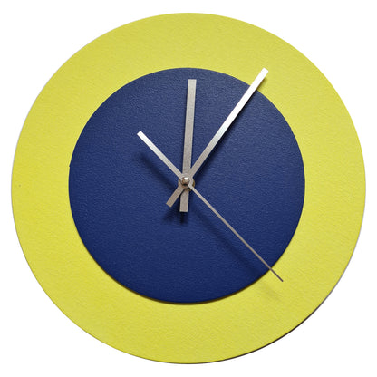 Pop Art Wanduhr Hellgelb  Dunkelblau mit silbernen Zeigern 30 cm rund