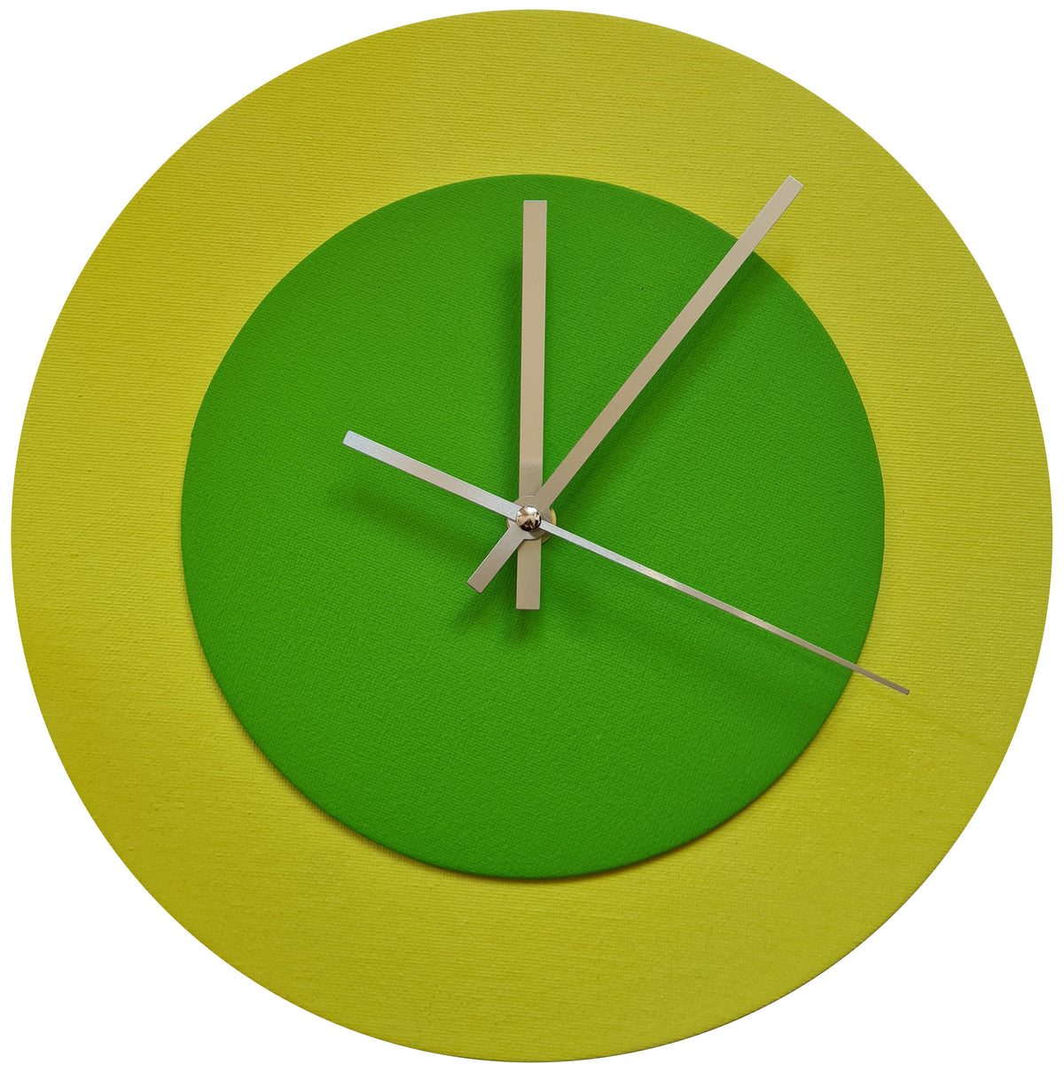 Pop Art Wanduhr Hellgelb  Hellgrün mit silbernen Zeigern 30 cm rund