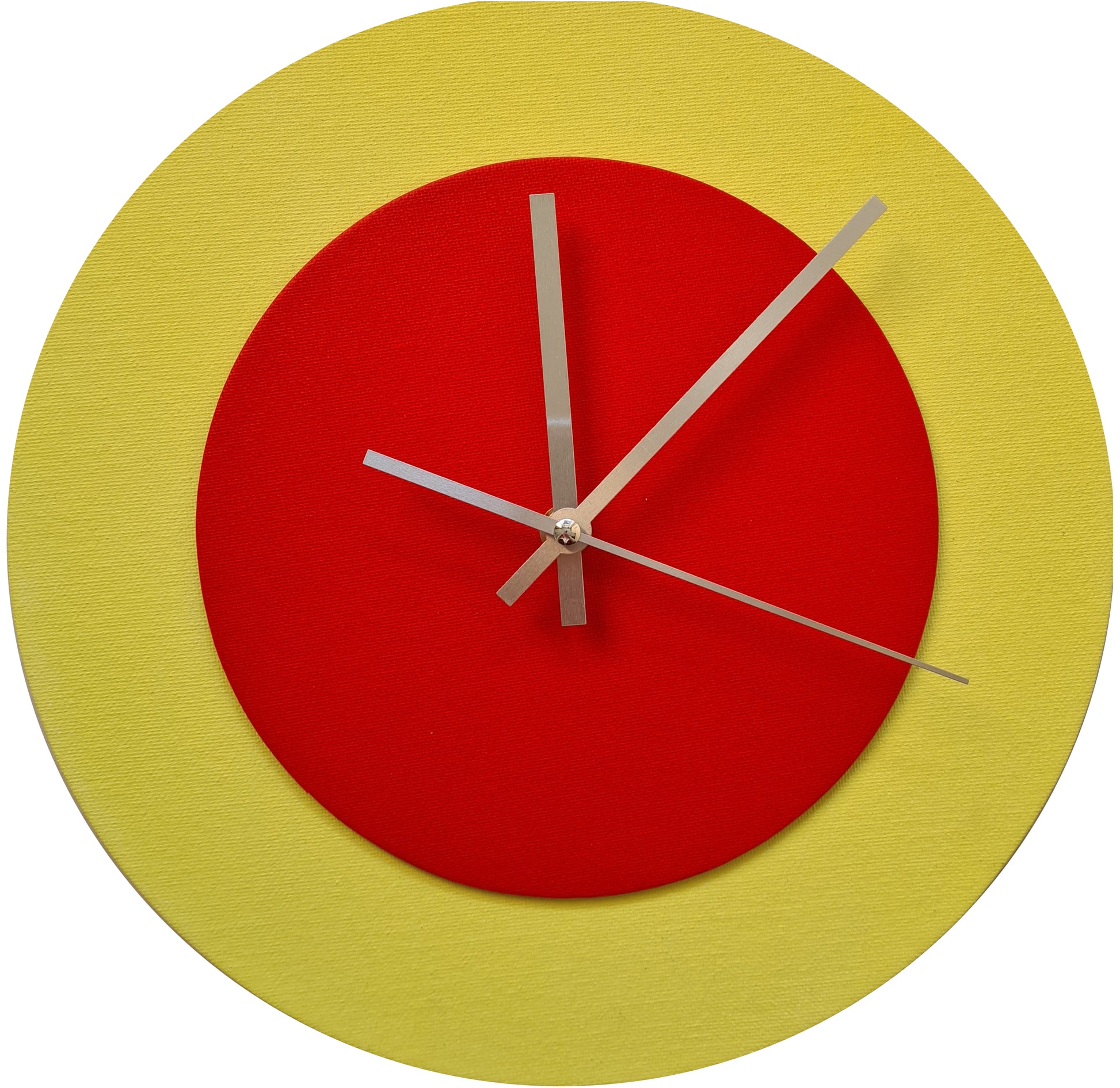 Pop Art Wanduhr Hellgelb  Hellrot mit silbernen Zeigern 30 cm rund