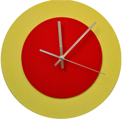 Pop Art Wanduhr Hellgelb  Hellrot mit silbernen Zeigern 30 cm rund