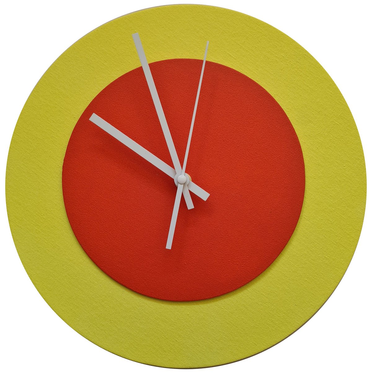 Pop Art Wanduhr Hellgelb  Hellrot mit weißen Zeigern 30 cm rund