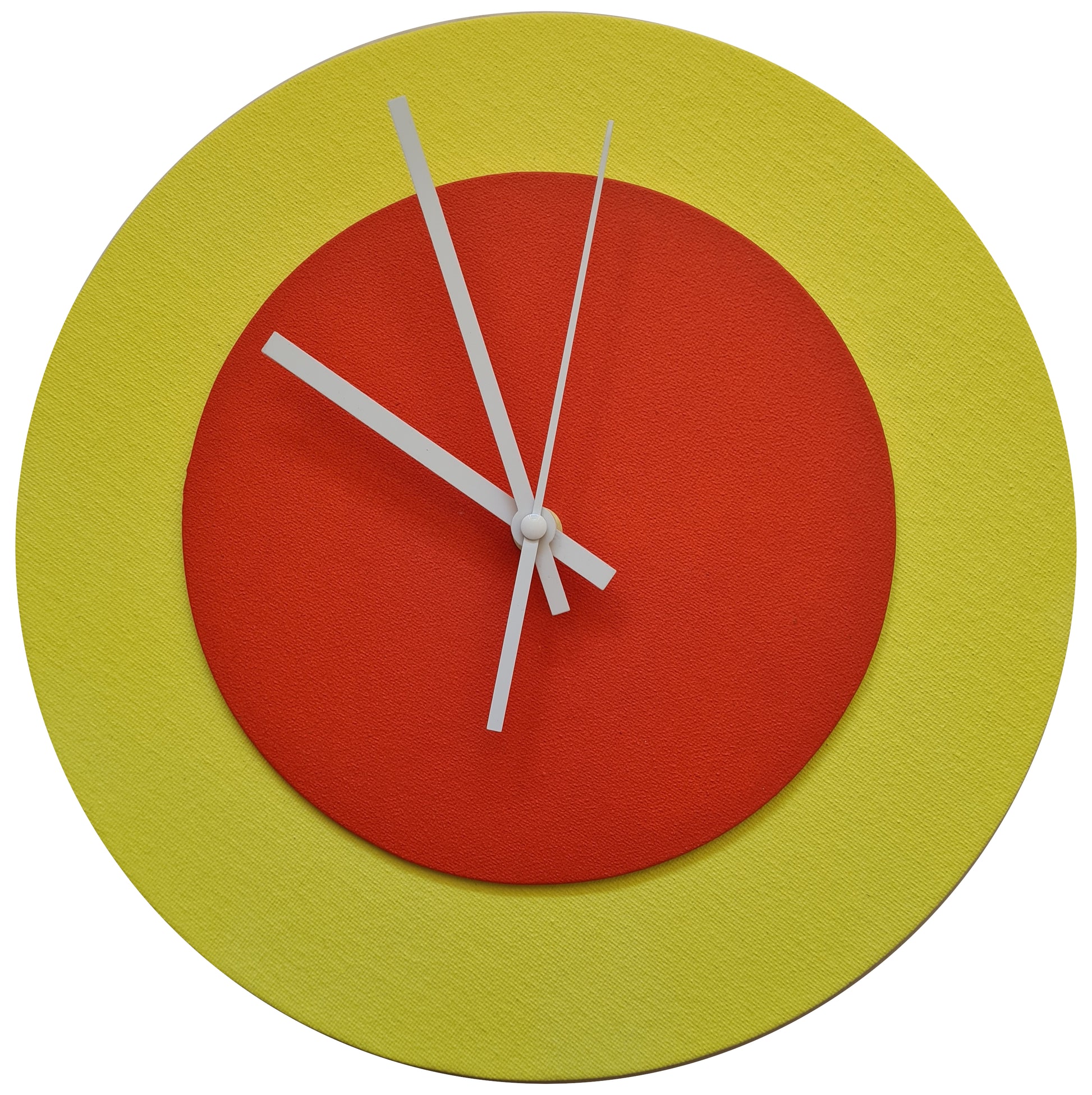 Pop Art Wanduhr Hellgelb  Hellrot mit weißen Zeigern 30 cm rund